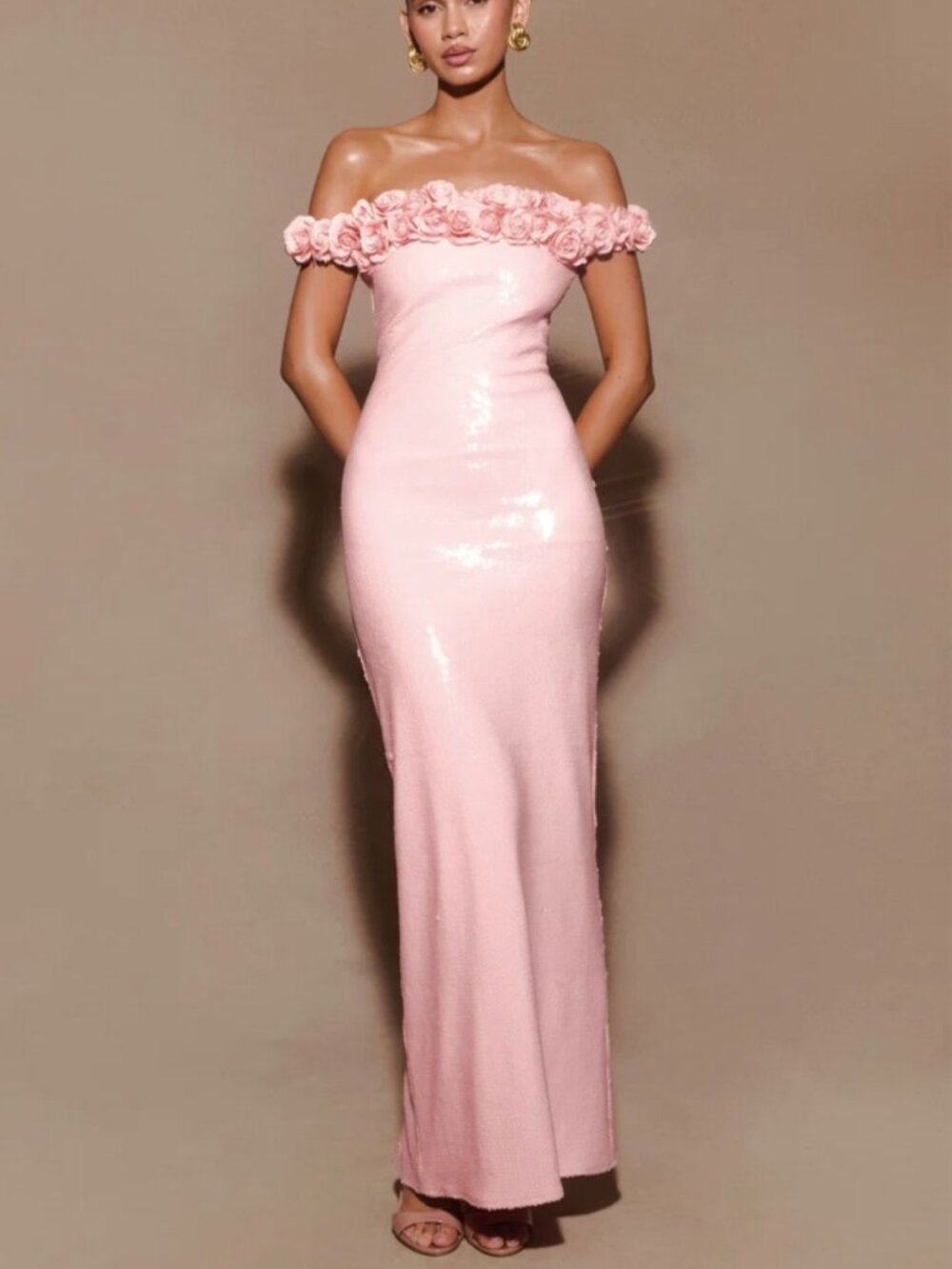 NWT MESHKI CARRIE PINK SEQUIN ROSE MAXI DRESS EVENING GOWN M